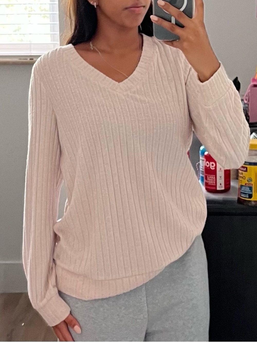 Everyday Ribbed V-Neck Sweater in Soft Blush
